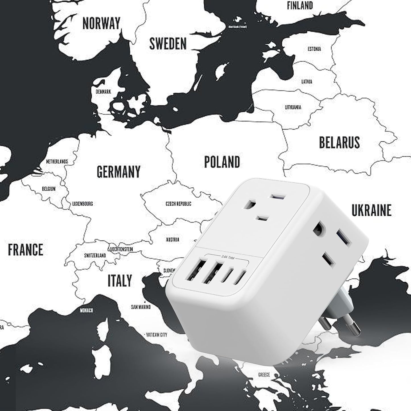 VYLEE Travel Plug Adapter, International Plug Adapter with 4 AC Outlets 4 USB Ports(2 USB C), Travel Adapter Type C Travel Essentials for US to Most Europe France Germany Italy Spain [1 Pack]