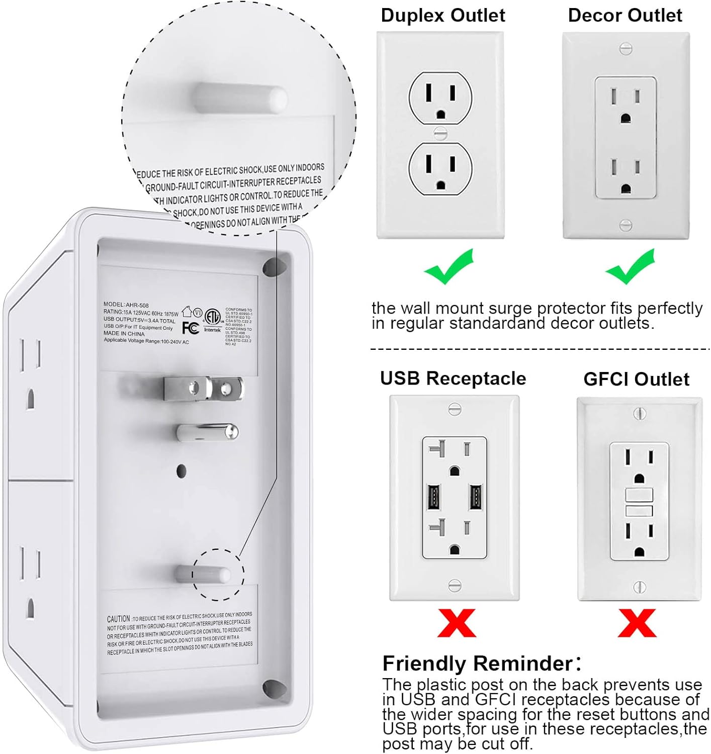 3-Sided Power Bars with Surge Protector, POWRUI 6-Outlet Extender with 3 USB Ports (1 USB C) and Night Light, Multi Plug Outlet and Spaced Outlets Adapter, ETL, White