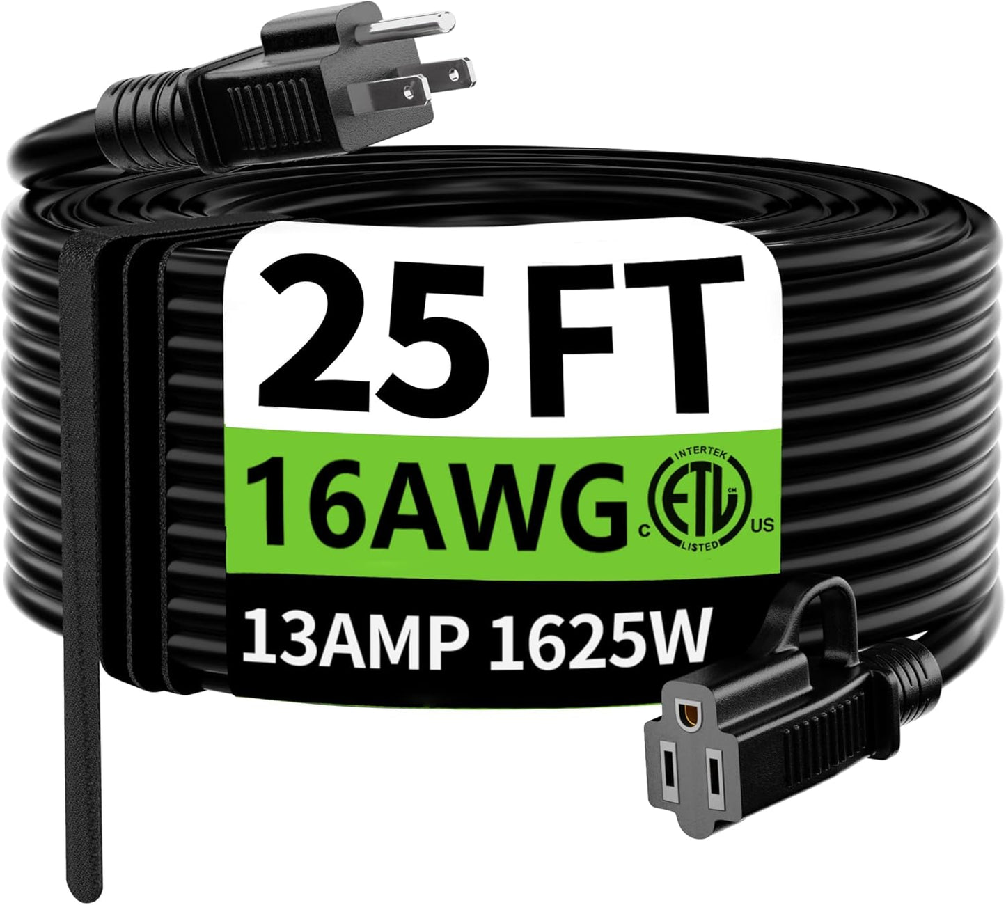 HUANCHAIN Indoor Outdoor Black Extension Cord 25 ft Waterproof, 16/3 Gauge Flexible Cold-Resistant Appliance Cable Outside, 13A 1625W 16AWG SJTW, 3 Prong Electric Cord, ETL