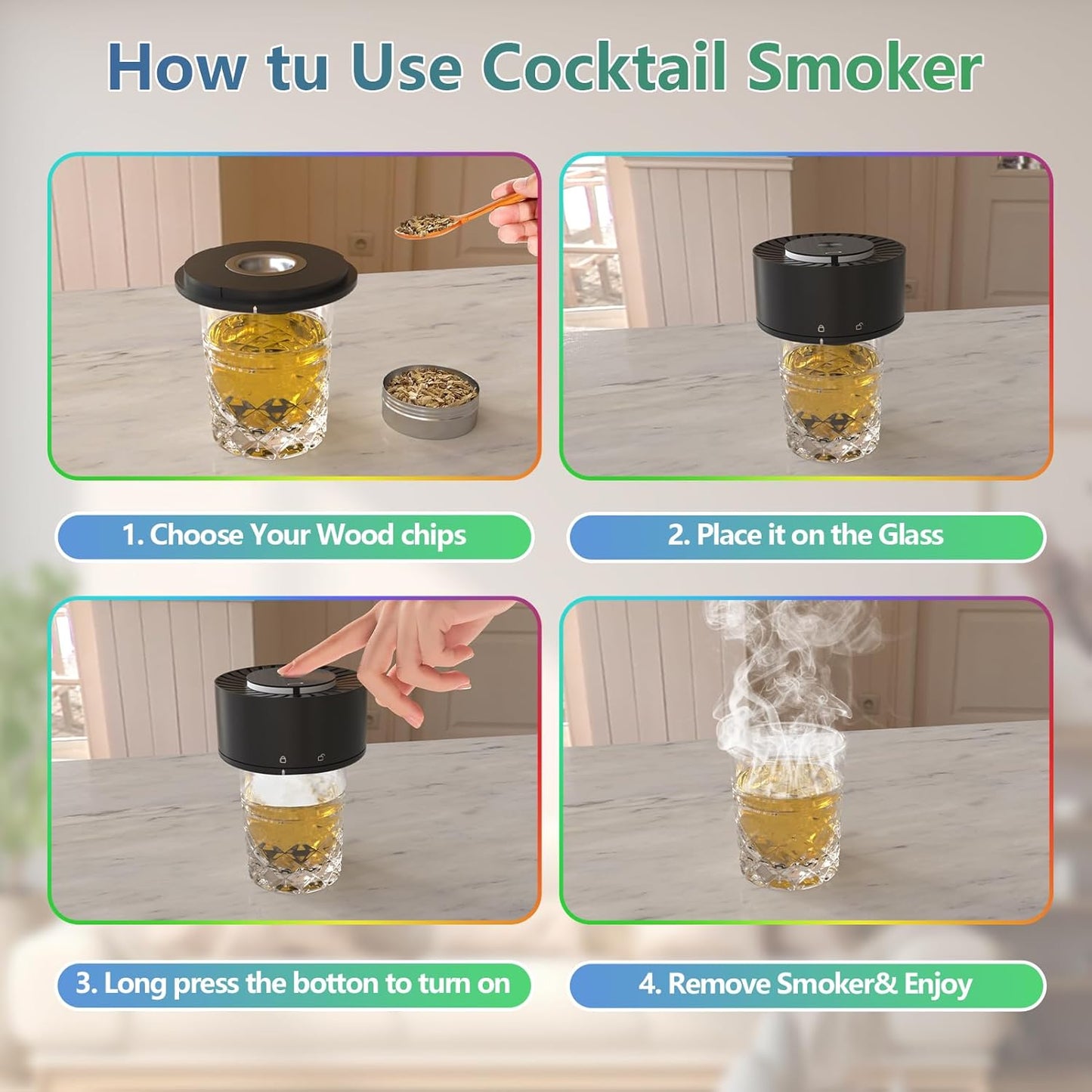 Electric Whiskey Smoker Kit,Rechargeable Cocktail Smoker Kit Built-in Lighter with LED Light and 6 Wood Chips, Old Fashioned Smoker Kit, Bourbon Whiskey Gift Ideas for Men/Dad/Husband