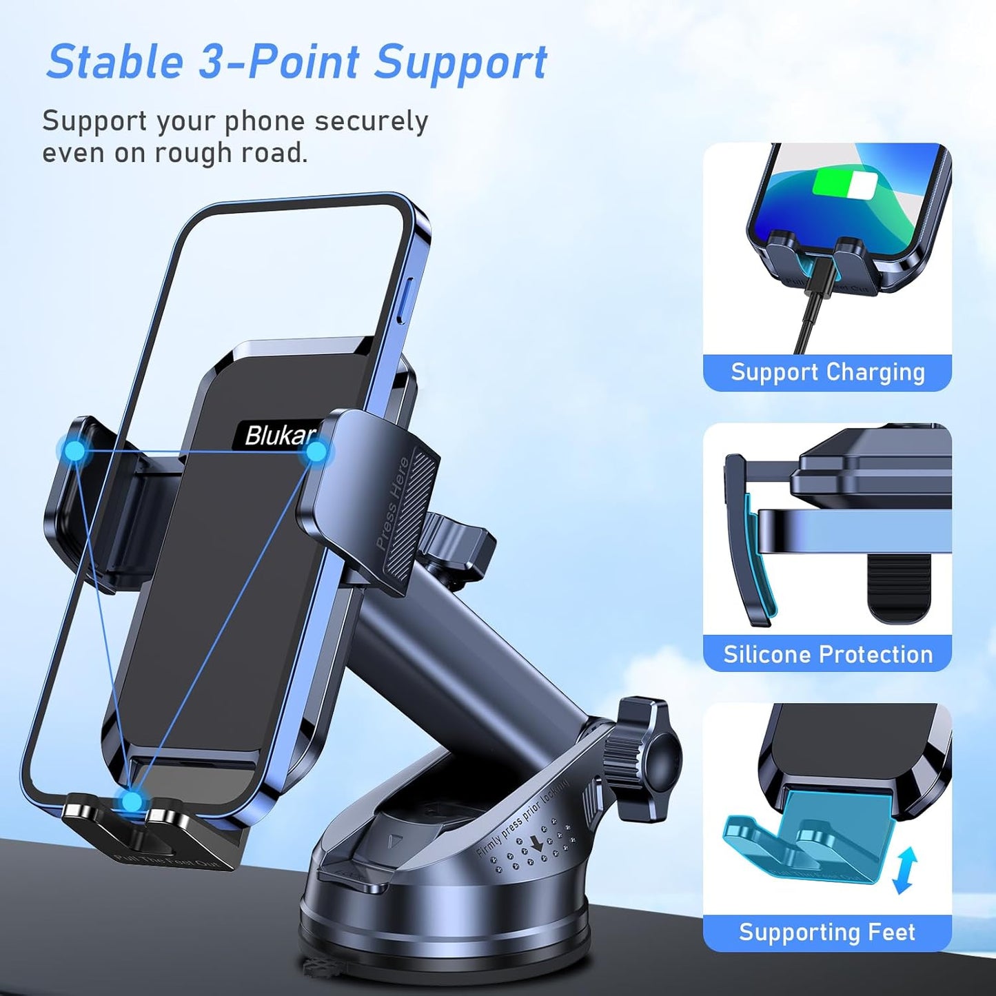 Blukar Car Phone Holder – Strong Suction, 360° Rotation, One-Hand Operation, Universal Smartphone Mount