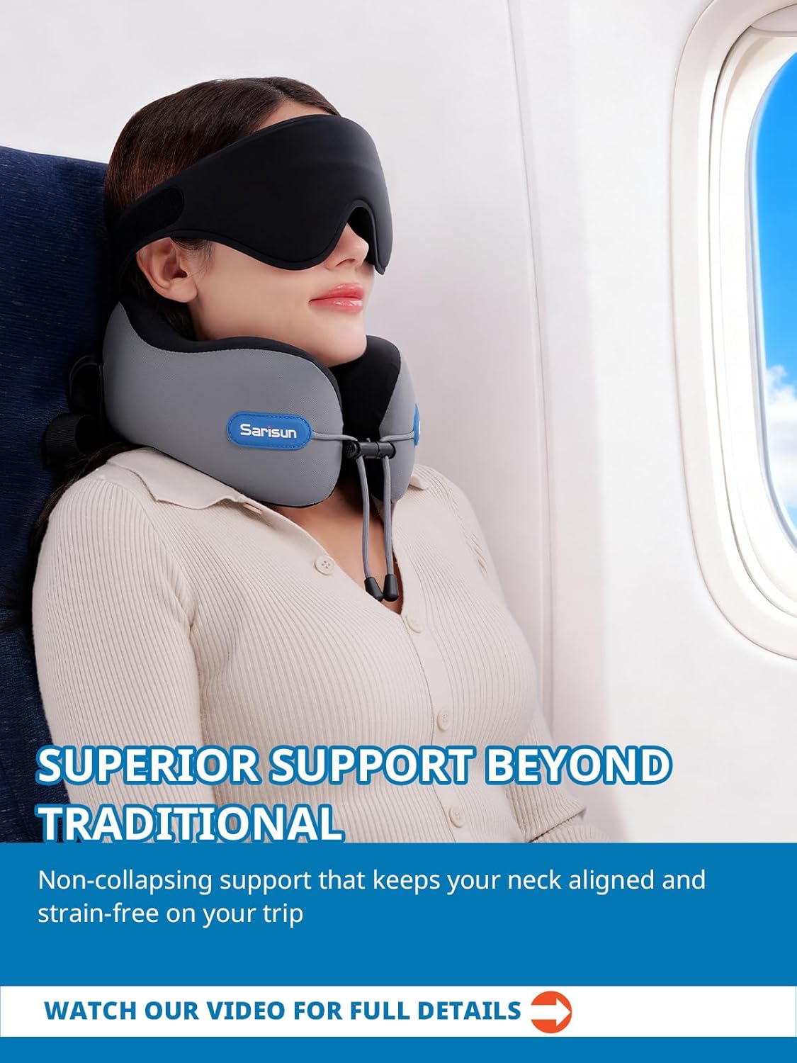 SARISUN Travel Pillow, Neck Pillow for Airplane with Strap, Combo with 3D Eye Mask for Sleep, Dual-Density Supportive Foam Neck Pillow Travel for Airplane Flights, Car Trip Travel Essentials Black