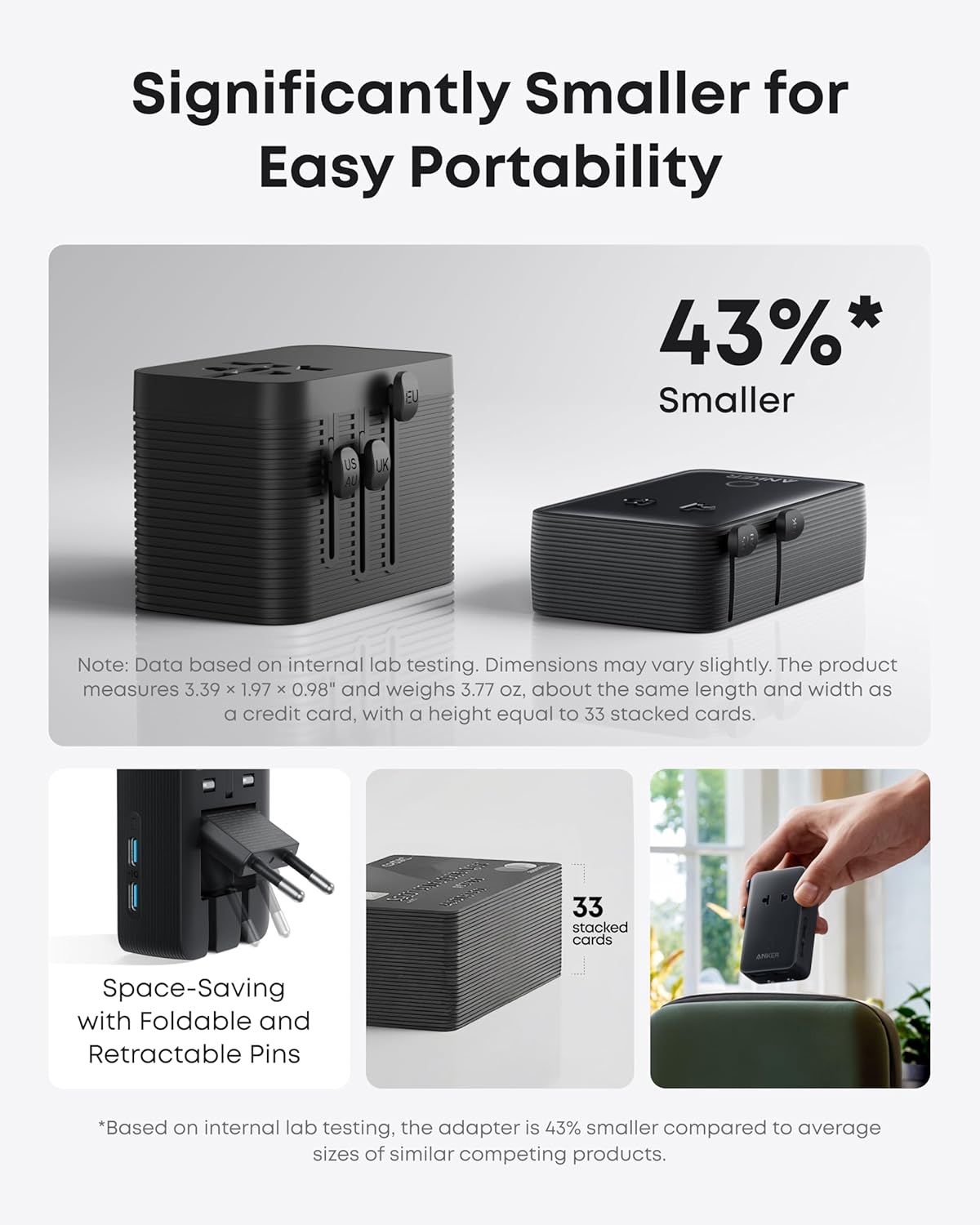 Anker Nano European Travel Plug Adapter, 5-Port Fordable Travel Adapter with 1AC 2USB-A 2USB-C Ports,Temperature Control, Essentials for Over 200 Countries, Ideal for Travel (1-Pack) (Black)