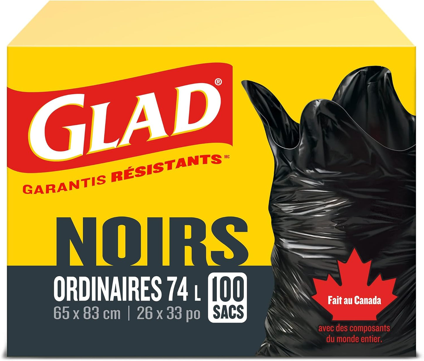 Glad Black Garbage Bags - Regular 74 Litres - Value Pack 100 Trash Bags, Made in Canada of Global Components