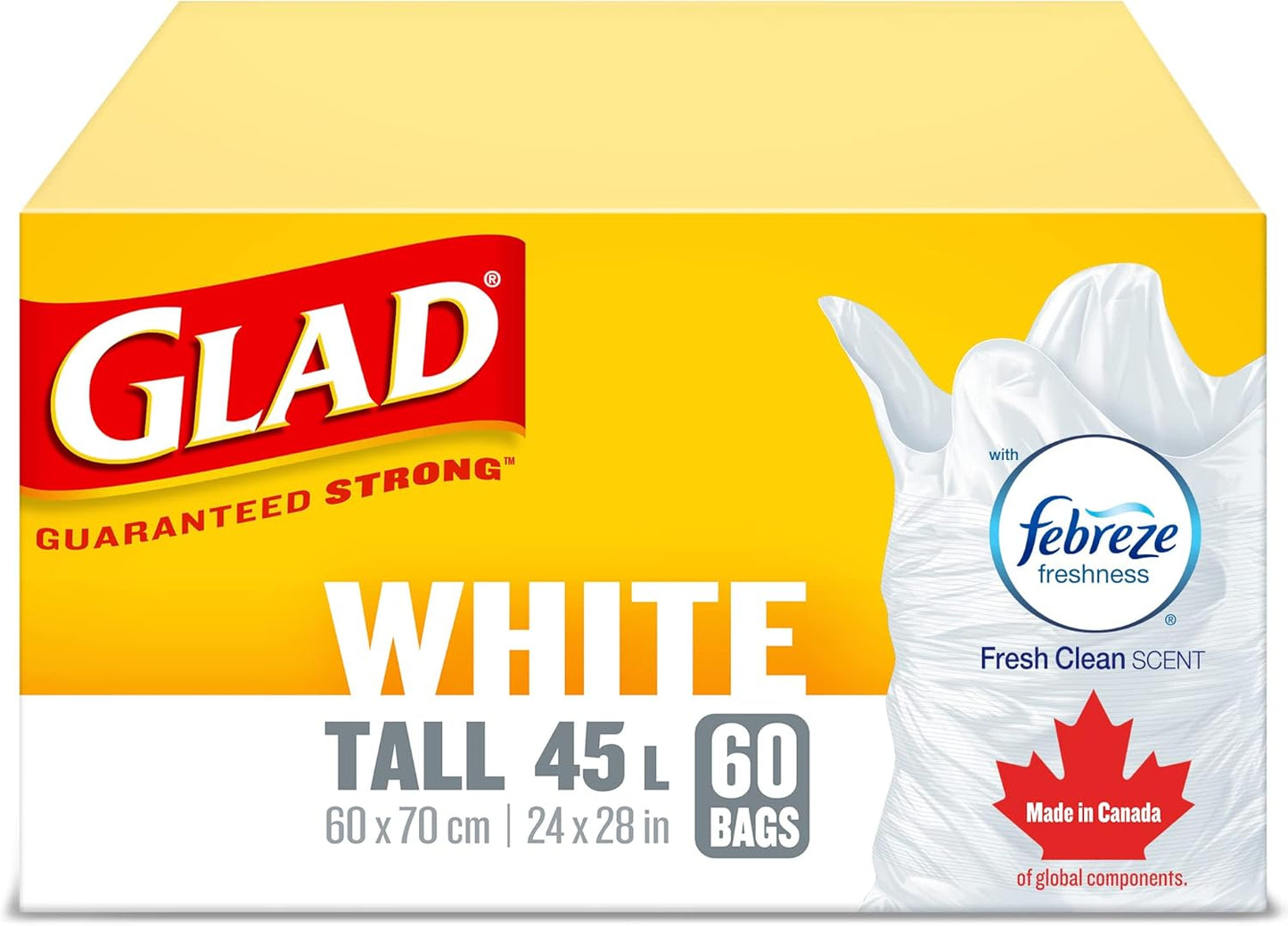 Glad White Garbage Bags - Tall 45 Litres - Febreze Fresh Clean Scent, 60 Trash Bags, Made in Canada of Global Components
