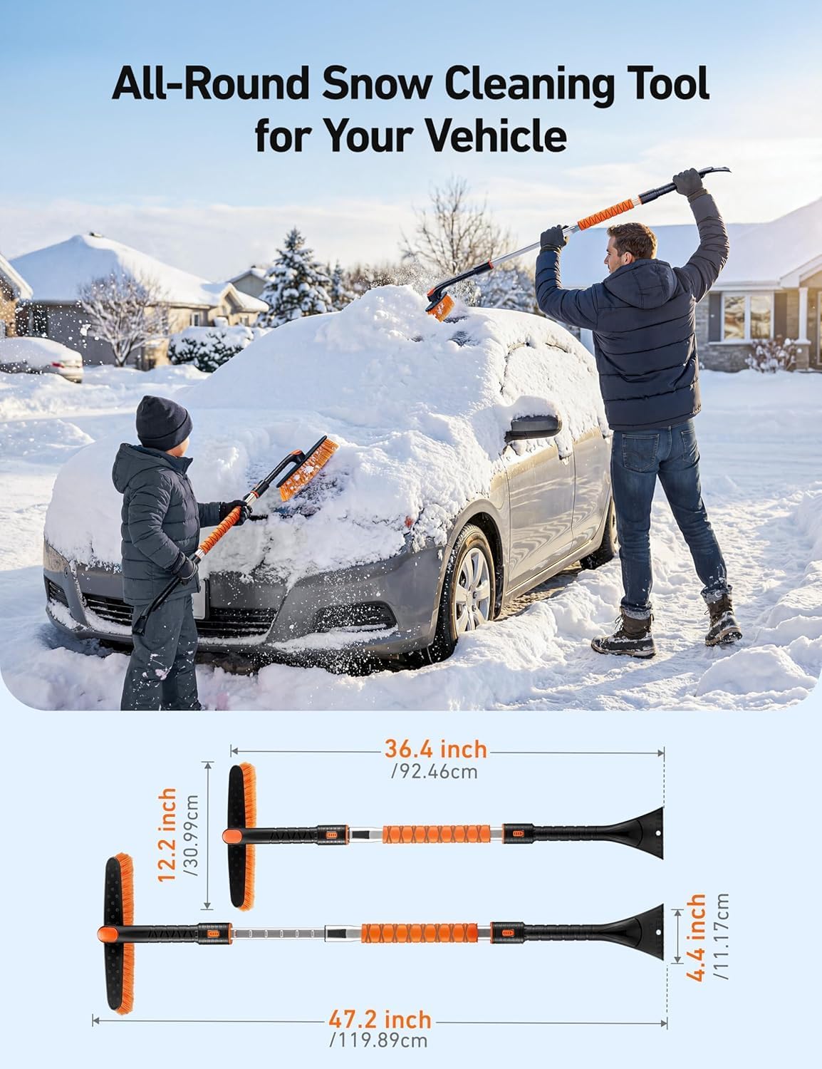 AstroAI 47.2" Extendable Snow Brush for Car Ice Scraper Windshield and Foam Grip with 360° Pivoting Brush Head for Car Auto Truck SUV (Orange)