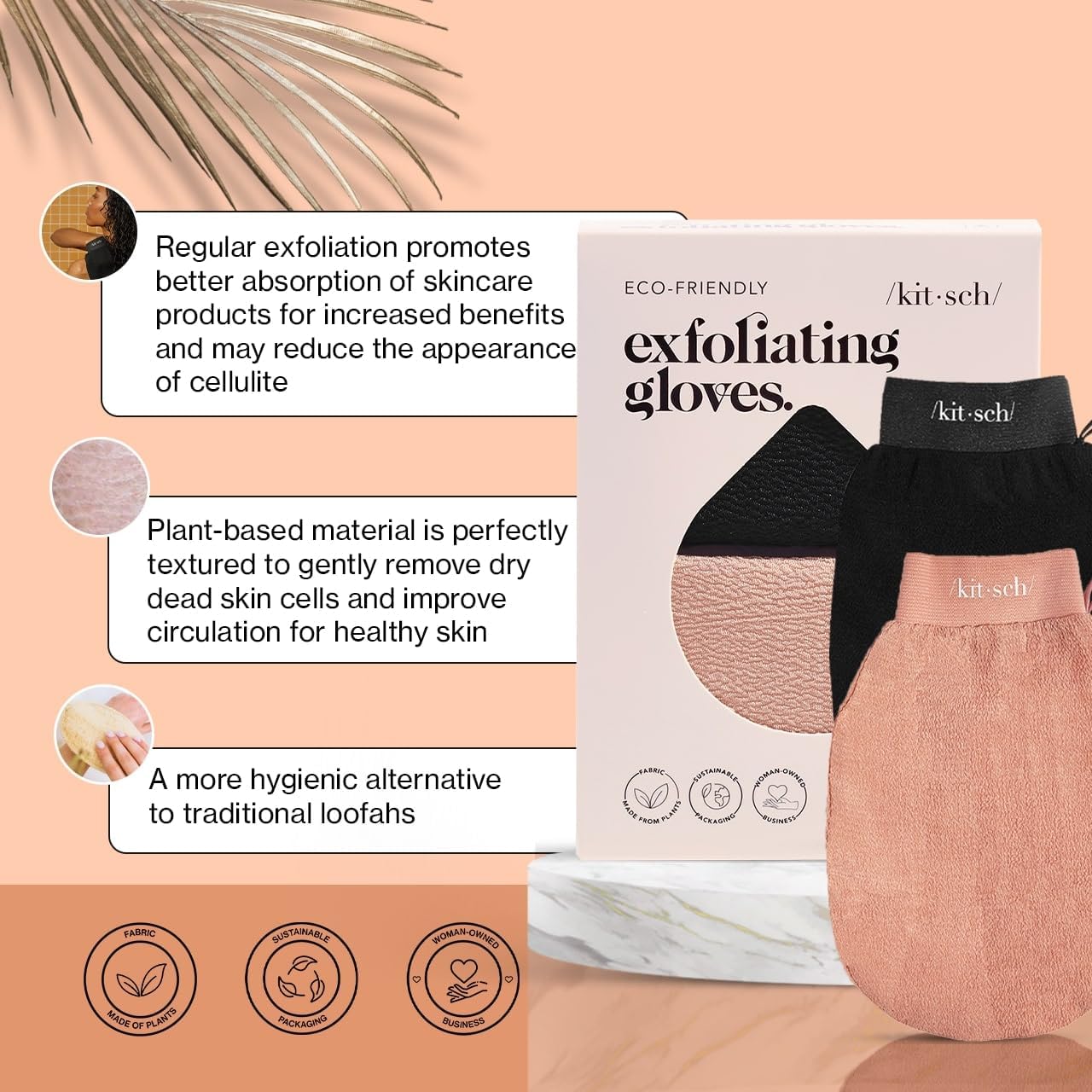 Kitsch Deep Exfoliating Glove - 2pc Eco Friendly Exfoliating Body Scrubber, Dead Skin Remover, Exfoliator Body Scrub Mitt for Skin Cell Renewal, Body Exfoliating Gloves for Shower - Black & Terracotta