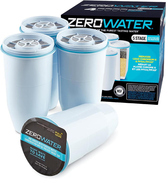 Culligan ZeroWater Official Replacement Filter - 5-Stage 0 TDS Filter Replacement - System IAPMO Certified to Reduce Lead, Chromium, and PFOA/PFOS, 4-Pack