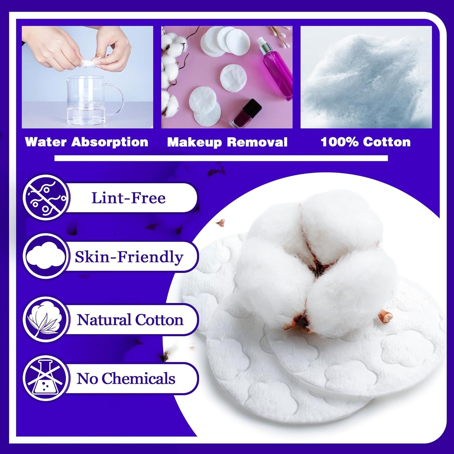 400 Count Cotton Pads for Face, Round Makeup Remover Pads 100% Pure & Organic Cotton Rounds for Face Cleansing, Lint-Free Facial Pads (100 Count (4 Pack))