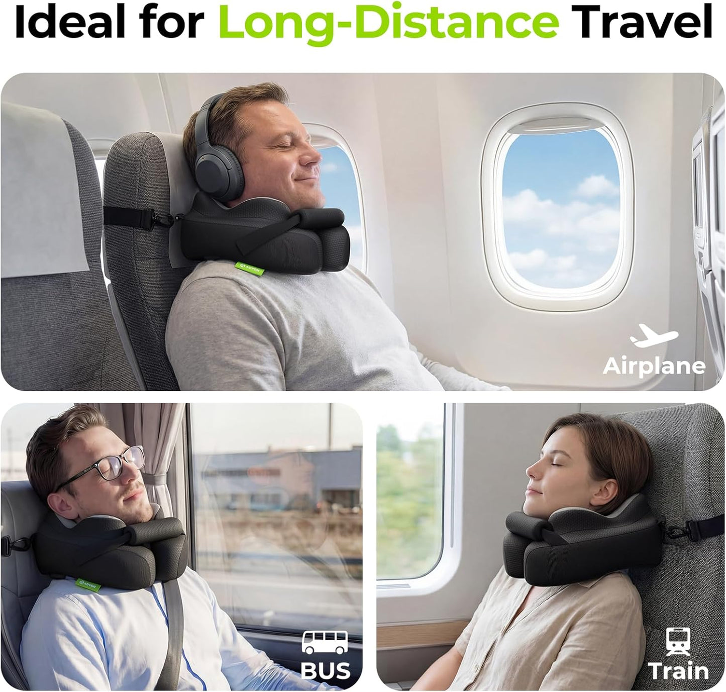 AUVON Travel Neck Pillow for Airplane with Seat Straps to Secure Head & Neck for Relaxing Sleep on Long Flights, Ear-Friendly Design, Supportive Memory Foam Neck Pillow, Breathable Fabric, Carry Case