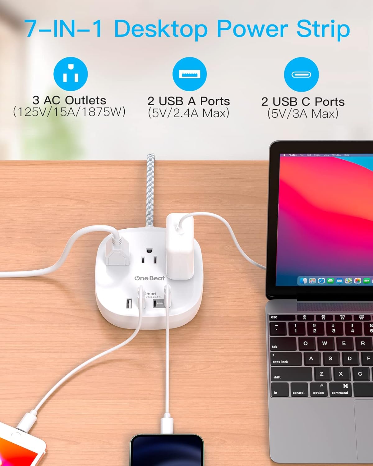 One Beat Flat Plug Power Bar with USB C, 6FT Ultra-Thin Extension Cord, 3 Outlet with 4 USB Ports (2 USB C) Desktop Charging Station, No Surge Protection for Cruise Ship, Travel Essentials, Dorm Room