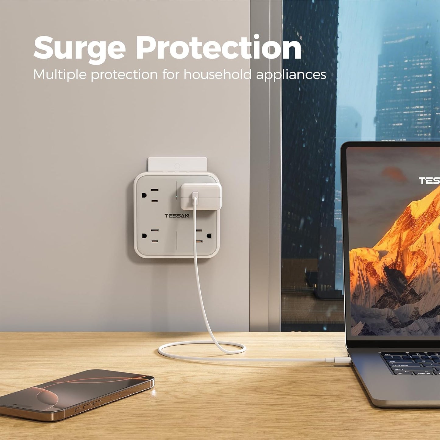 Wall Outlet Extender, TESSAN 4 Multi Plug Outlet Splitter with 1 USB C and 2 USB A Charging Ports, Multiple Plug Extension Block with Surge Protector for Home, Kitchen, Office, Dorm, Gray