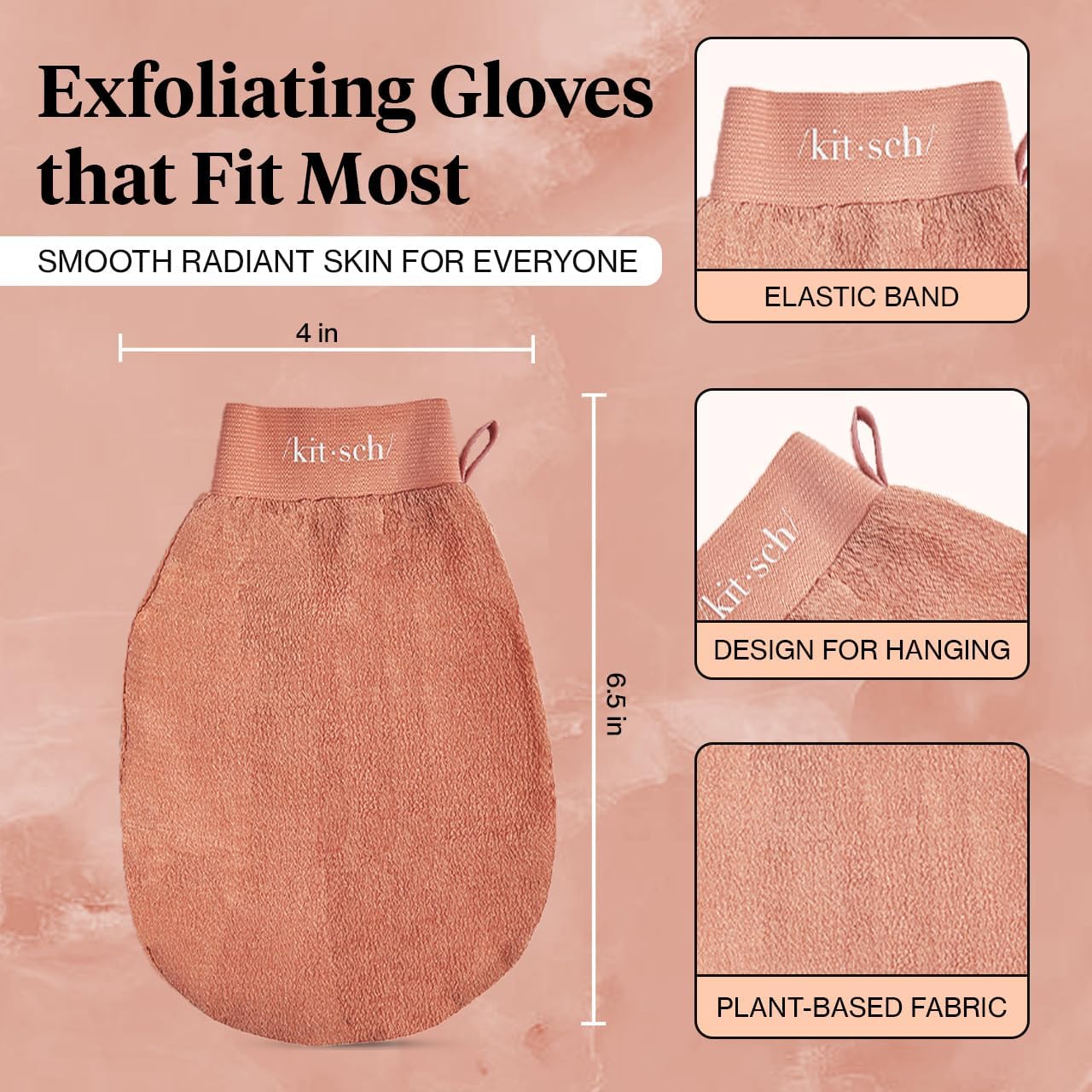 Kitsch Deep Exfoliating Glove - 2pc Eco Friendly Exfoliating Body Scrubber, Dead Skin Remover, Exfoliator Body Scrub Mitt for Skin Cell Renewal, Body Exfoliating Gloves for Shower - Black & Terracotta