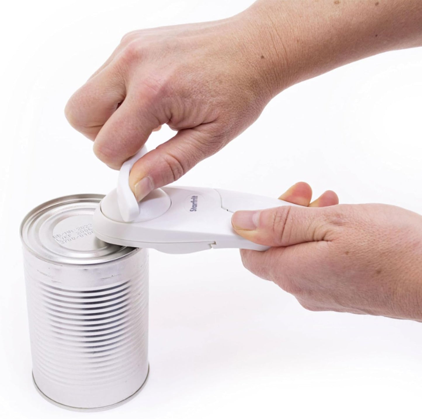 Starfrit Little Beaver Can Opener, Safe, Holds Lid and Leaves No Sharp Edges on Lid, Comfort Grip, 3-Year Warranty, White