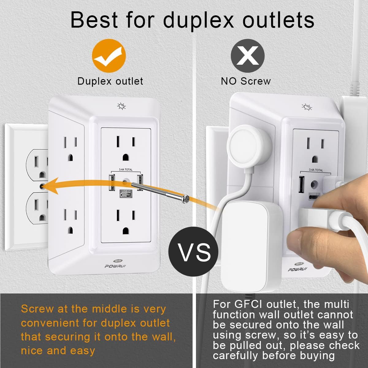 3-Sided Power Bars with Surge Protector, POWRUI 6-Outlet Extender with 3 USB Ports (1 USB C) and Night Light, Multi Plug Outlet and Spaced Outlets Adapter, ETL, White