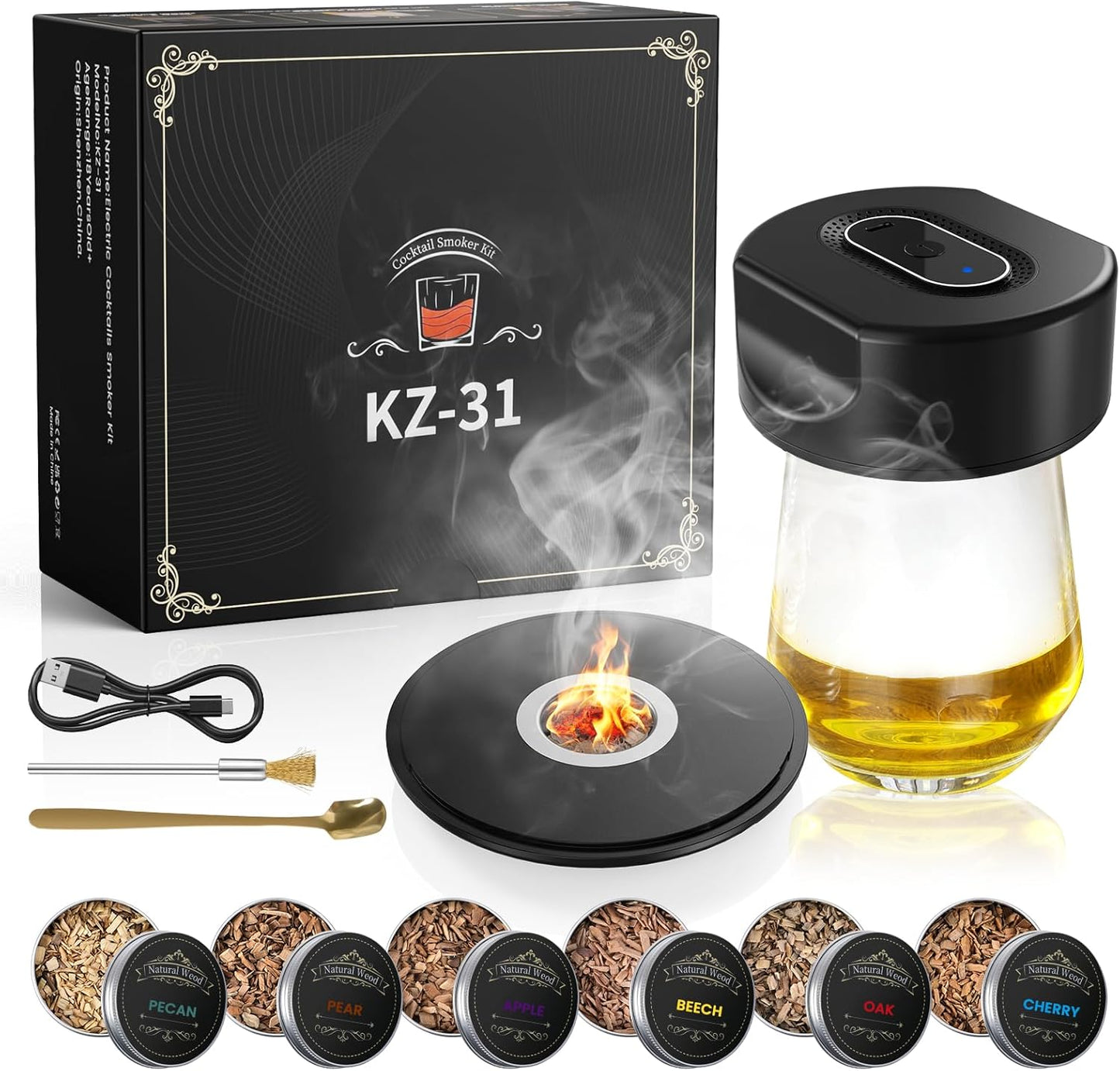 Electric Whiskey Cocktail Smoker Kit, Bourbon Drink Smoking Set with 6 Flavors Wood Chips, Built-in Lighter, Infuse Smoky Flavors in Old Fashioned Cocktails, Unique Whiskey Gifts for Men Dad Husband