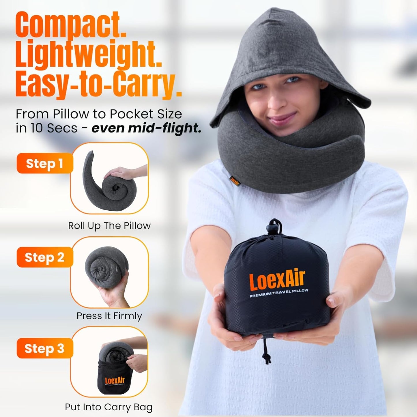 Hooded Pro Travel Pillow - Memory Foam Neck Support Pillow with Hood for Airplane, Flight - 100% Cotton Fabric, Maximum Privacy & Light-Block Design, Lightweight Full Travel Kit - Dark Grey