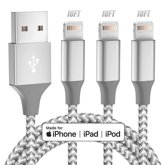 Apple MFi Certified iPhone Charger 3pack 10FT Long Lightning Cable Fast Charging High Speed Data Sync USB Cable Compatible iPhone 14/13/12/11 Pro Max/XS MAX/XR/XS/X/8/7/Plus/6S (Grey White)