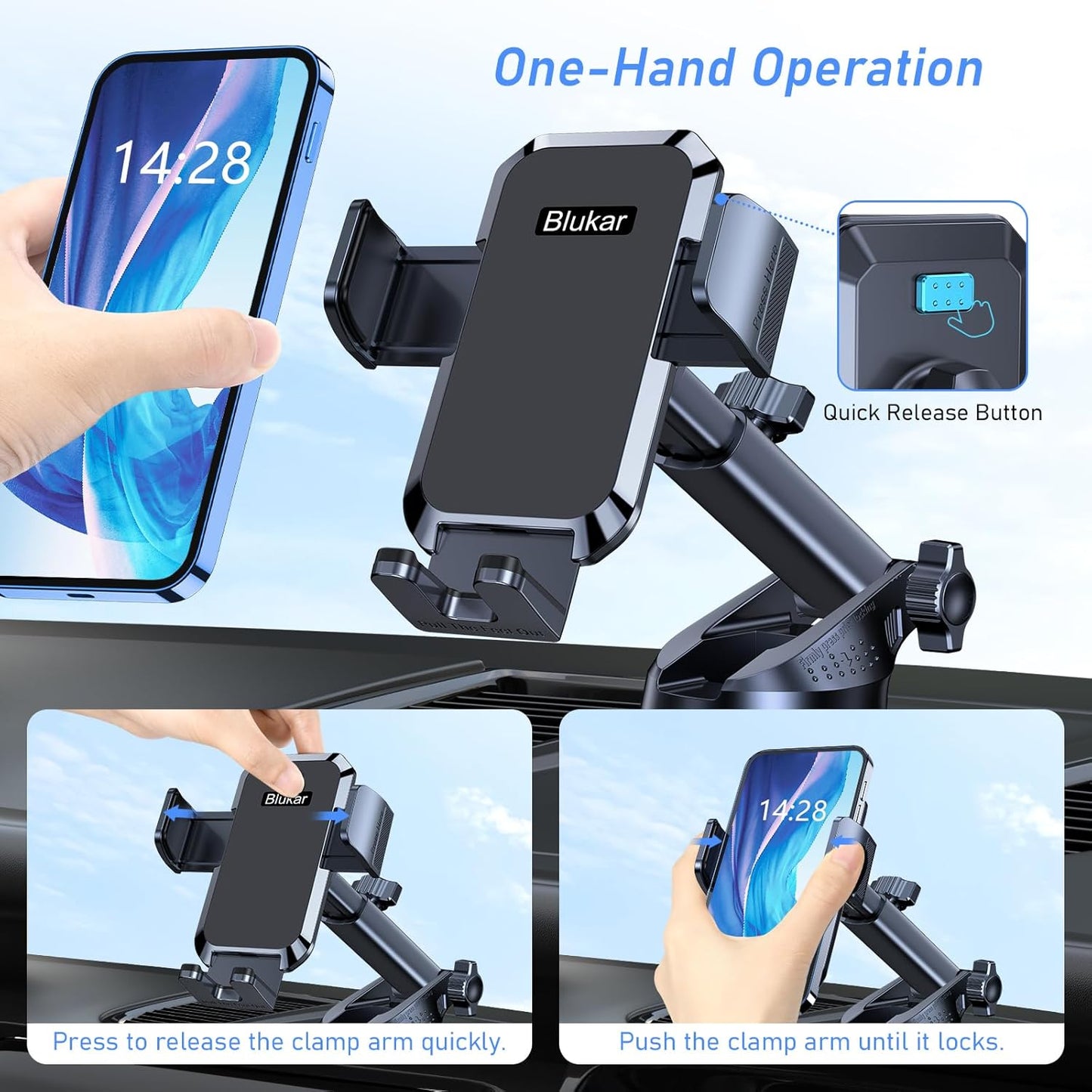 Blukar Car Phone Holder – Strong Suction, 360° Rotation, One-Hand Operation, Universal Smartphone Mount