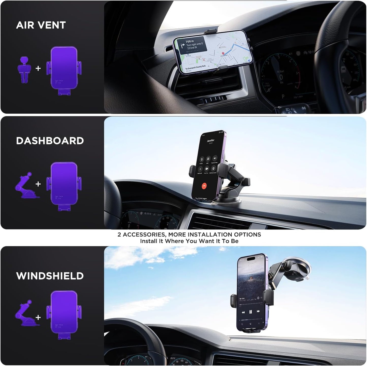 Mosurr Phone Holder Car Mount: Dual Installation (Suction & Vent Clip), 360° Rotation & Telescopic Arm for Stable GPS Navigation, Hands-Free Calls, Driving Safety, Gifts fits for All Phones 4.7-7 Inch