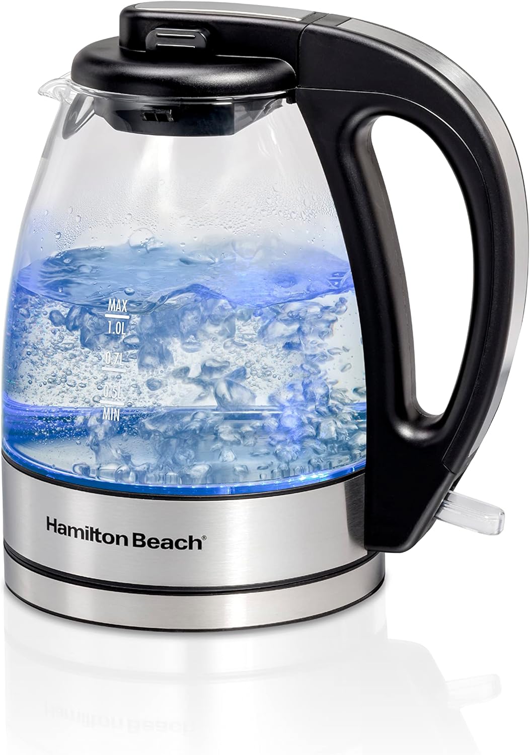 Hamilton Beach Glass Electric Kettle, 1 L, 1500W Fast Boiling Water Boiler, Cordless, Soft Blue LED Light, Auto Shutoff & Boil-Dry Protection, BPA-Free, Compact Size (40930JC)
