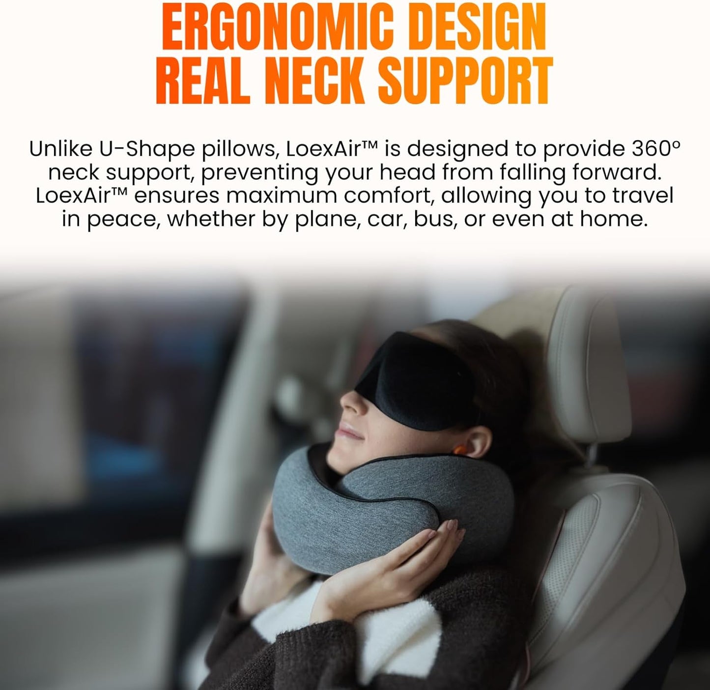 Hooded Pro Travel Pillow - Memory Foam Neck Support Pillow with Hood for Airplane, Flight - 100% Cotton Fabric, Maximum Privacy & Light-Block Design, Lightweight Full Travel Kit - Light Grey
