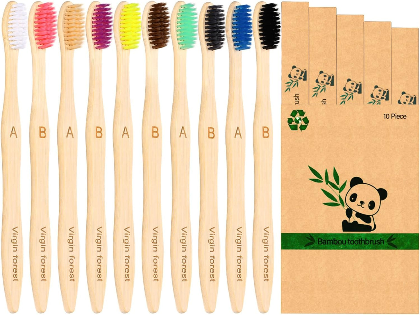 Virgin Forest Bamboo Toothbrush 10pk, Biodegradable & Compostable, Soft Bristles, BPA-Free Eco-Friendly, Family Pack (Adults & Kids), Zero Waste Oral Care