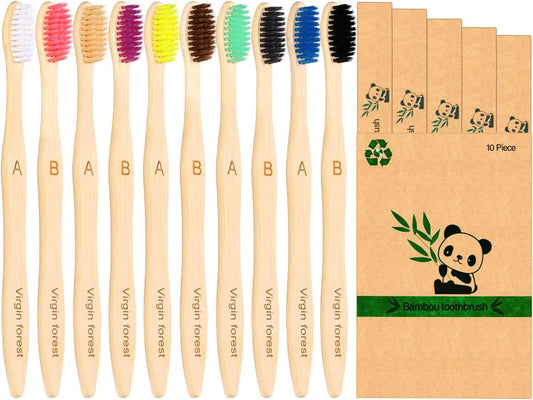 Virgin Forest Bamboo Toothbrush 10pk, Biodegradable & Compostable, Soft Bristles, BPA-Free Eco-Friendly, Family Pack (Adults & Kids), Zero Waste Oral Care