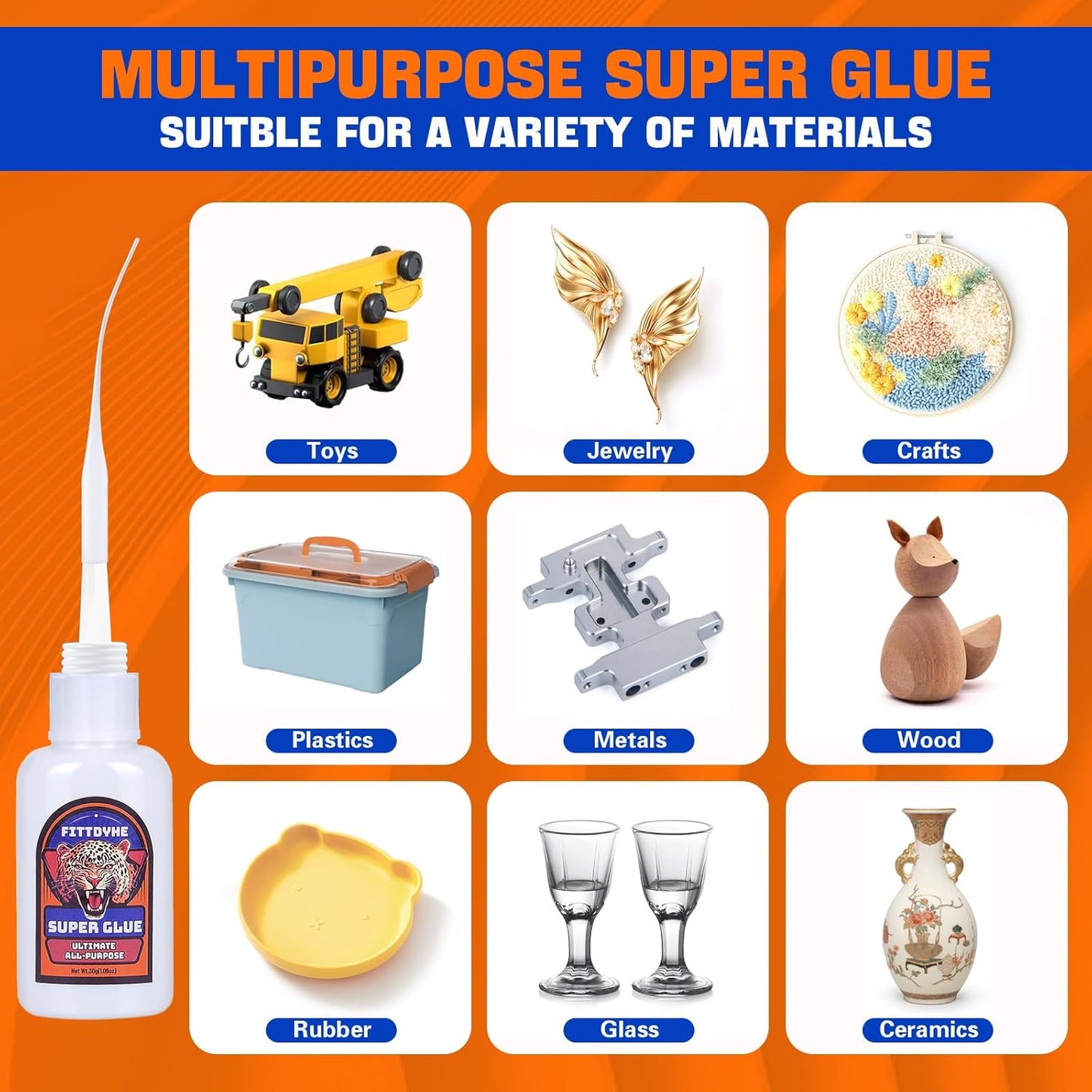 Super Glue Clear 30 g(1.06 oz.), Strong Fast Drying Waterproof Liquid Adhesive for Plastic, Metal, Wood, Rubber, Ceramic, Leather Repair,Rhinestone Jewelry, DIY Crafts