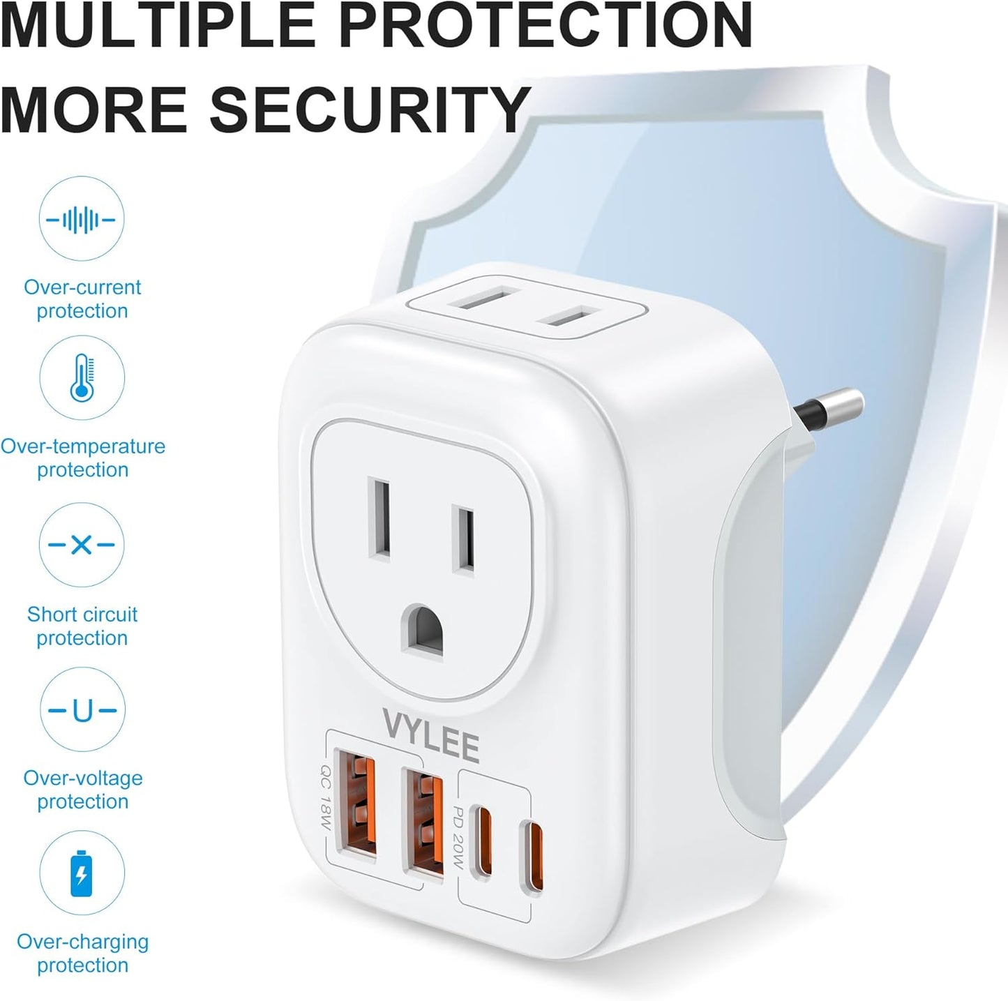 European Travel Plug Adapter, VYLEE PD 20W Type C Adapter with 4 AC Outlets 4 USB Ports(2 USB C), Travel Essentials Charger for US to Most of Europe EU Italy Spain France [1 Pack]