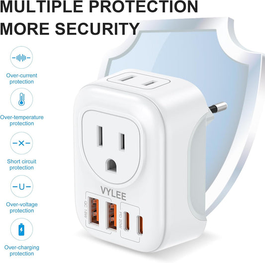 European Travel Plug Adapter, VYLEE PD 20W Type C Adapter with 4 AC Outlets 4 USB Ports(2 USB C), Travel Essentials Charger for US to Most of Europe EU Italy Spain France [1 Pack]