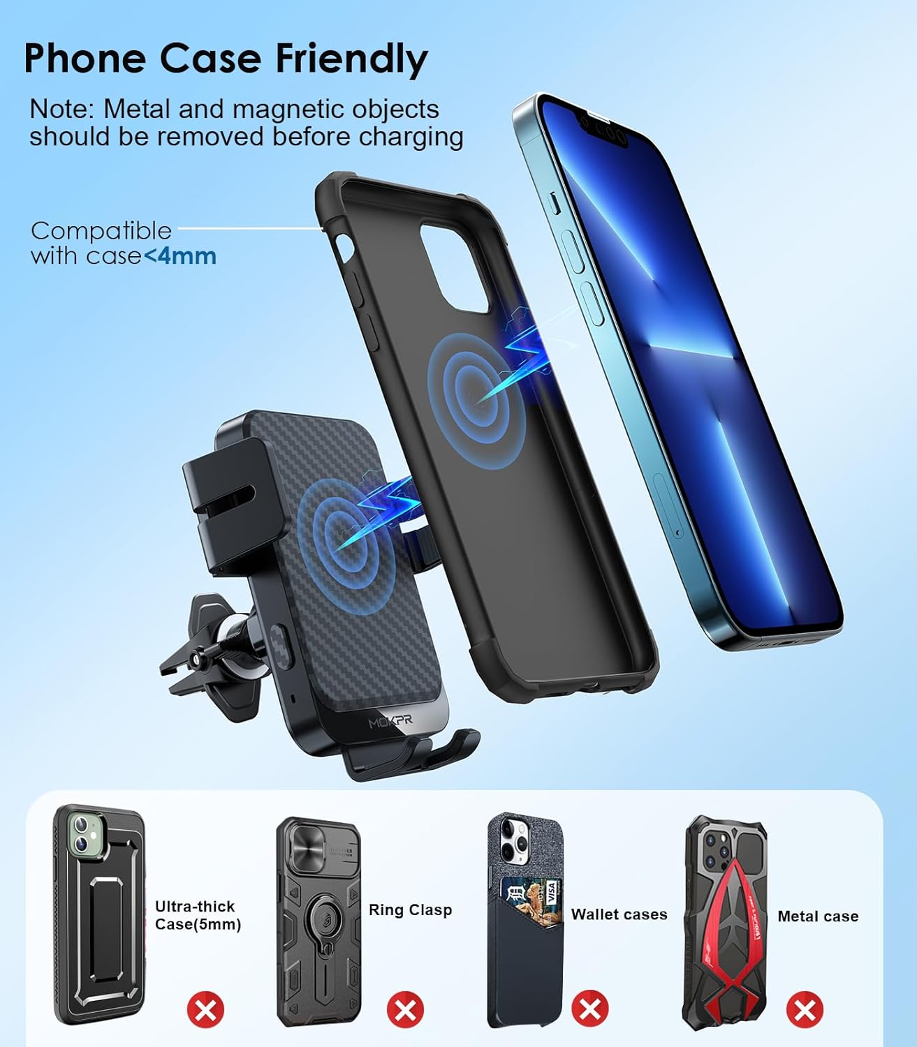 Wireless Car Charger, MOKPR 15W Fast Charging Auto-Clamping Car Phone Holder Wireless Charger Air Vent Car Phone Mount for iPhone17/16/15/14/13/12 pro/12/11/X/8, Samsung Galaxy S24/S23/S22/S21/S20