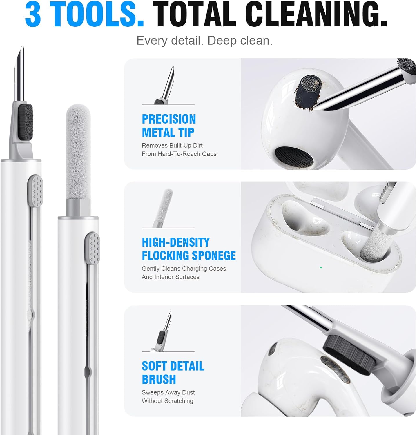 Cleaner Kit for Airpods Pro 1 2 3 Multi-Function Cleaning Pen with Soft Brush Flocking Sponge for Bluetooth Earphones Case Cleaning Tools White
