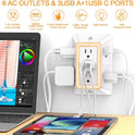 3-Sided Power Bars with Surge Protector, POWRUI 6-Outlet Extender with 3 USB Ports (1 USB C) and Night Light, Multi Plug Outlet and Spaced Outlets Adapter, ETL, White