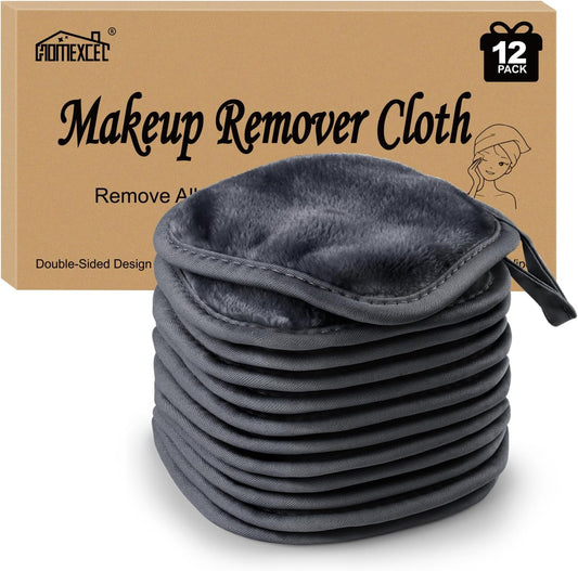 HOMEXCEL Makeup Remover Cloth 12 Count (Pack of 1), Reusable Makeup Remover Pads, Washable Ultra Soft Facial Cleansing Cloths For All Skin Types, 5 X 5 In, Black