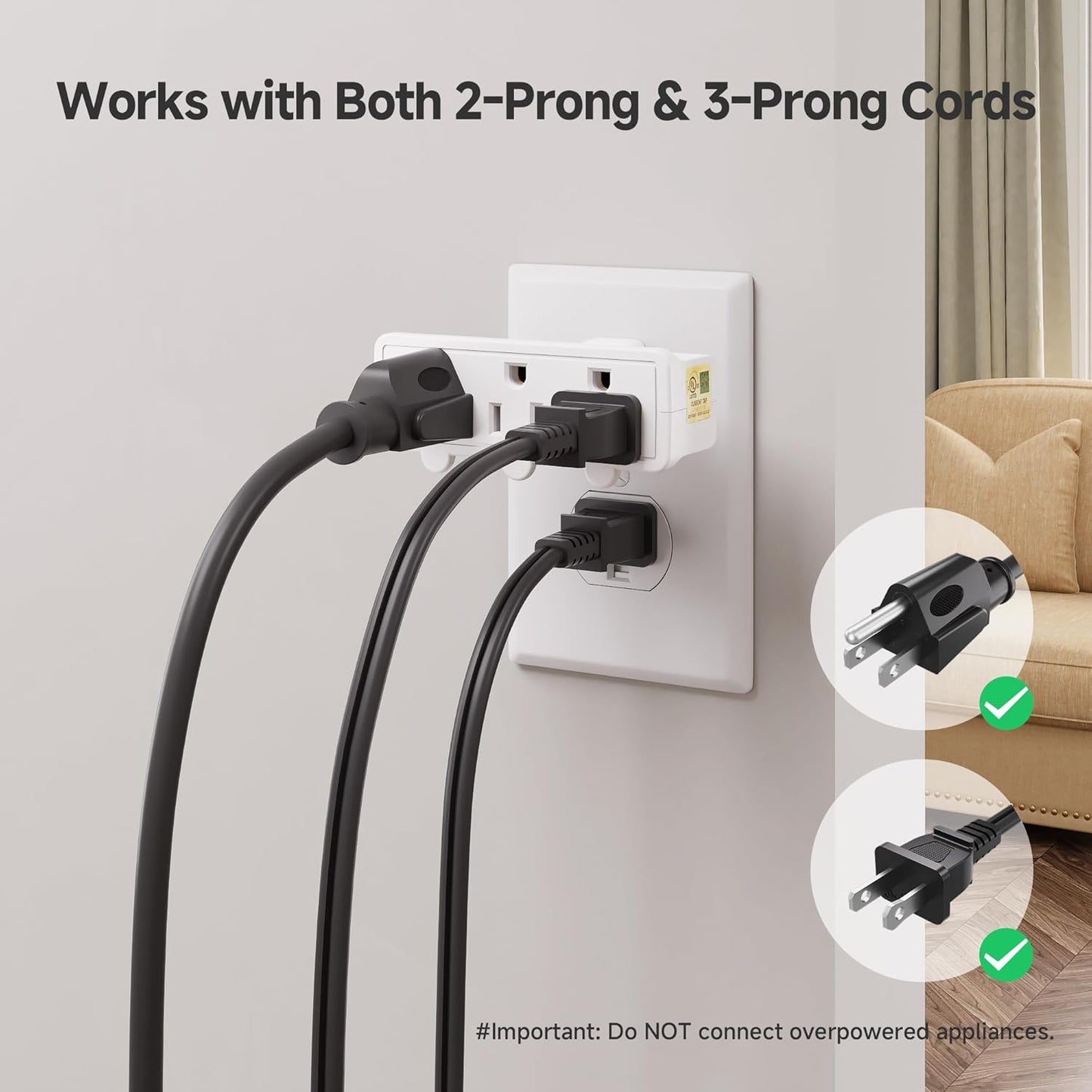 Cable Matters [cUL Listed] 2-Pack 3 Outlet Grounded 180 Degree Swivel Wall Tap in White Swivel / 3 Plug Outlet/Multi Plug Adapter