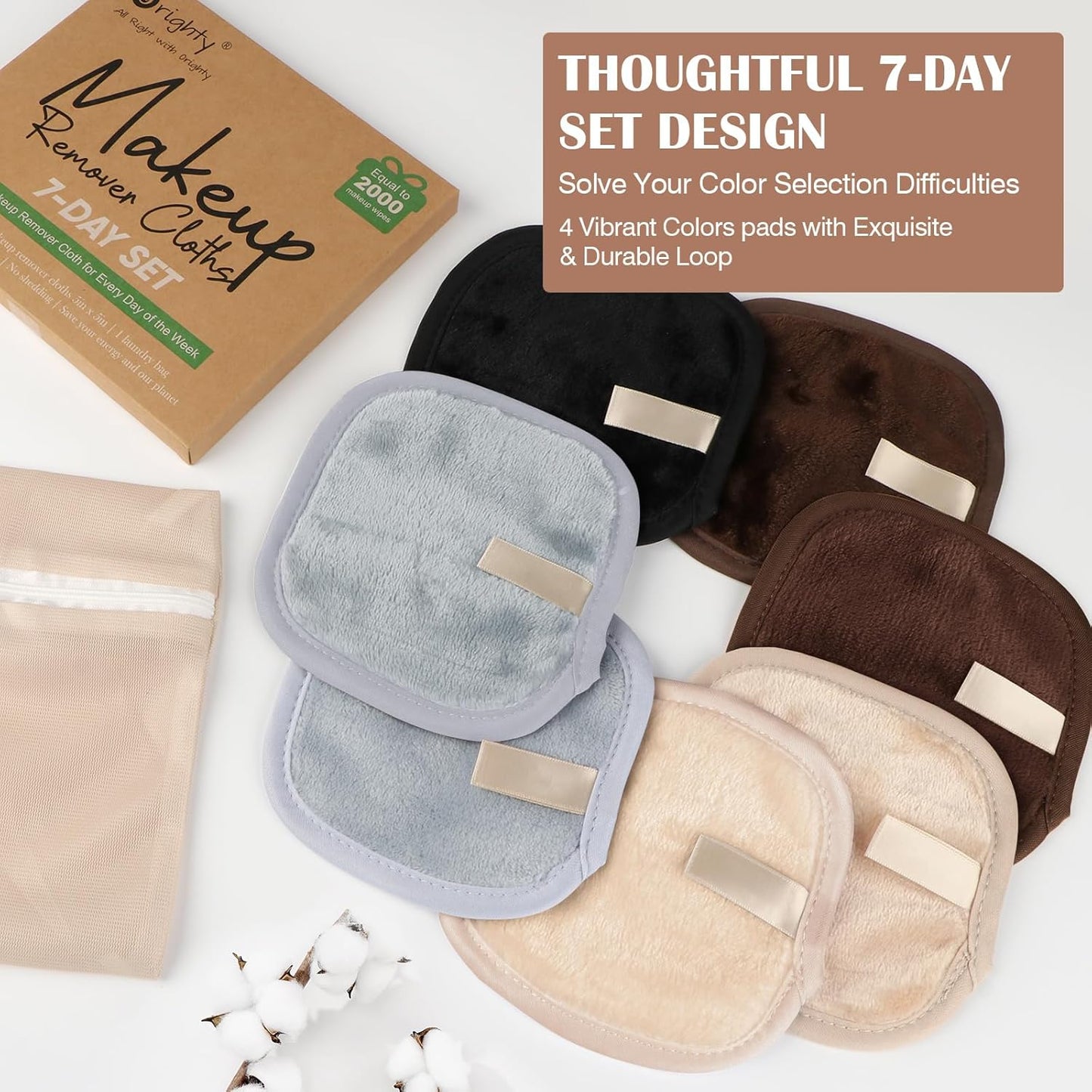 Orighty Makeup Remover Cloths 7-Day Set, Premium & Reusable Makeup Remover Pads, Erase Makeup With Just Water, Makeup Set For Eyes, Lips, Foundation and more, Ideal Choice For Women (Neutrals)