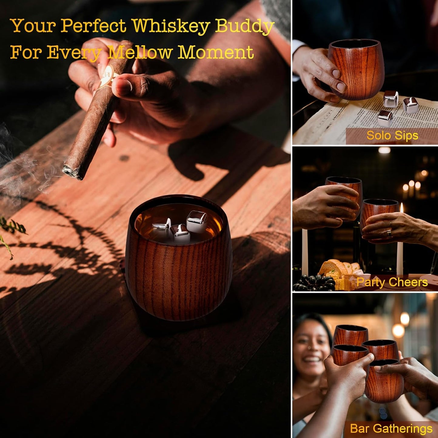 Charred Wooden Whiskey Glass Set of 2 – Durable Bourbon Tumbler for Men, Insulated Old Fashioned Glass – Whiskey Gifts for Husband, Dad, Brother – Birthday, Christmas, Father's Day