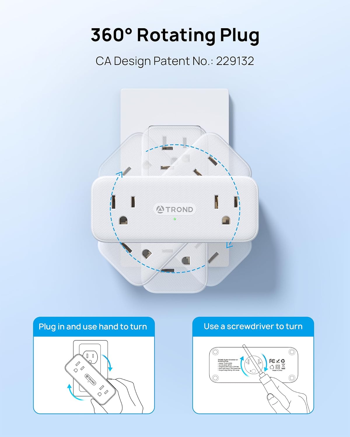 TROND 360° Rotating Plug Surge Protector Outlet Extender, 6 Multi Flat Charging Plug Splitters with 2 PD 20W USB C Ports, 3 Side Electrical Wall Adapter for Home Office Dorm Bathroom Travel Essentials