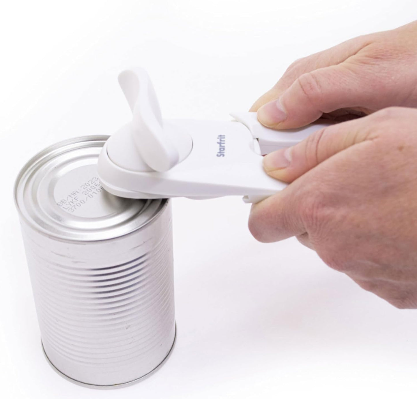 Starfrit Little Beaver Can Opener, Safe, Holds Lid and Leaves No Sharp Edges on Lid, Comfort Grip, 3-Year Warranty, White