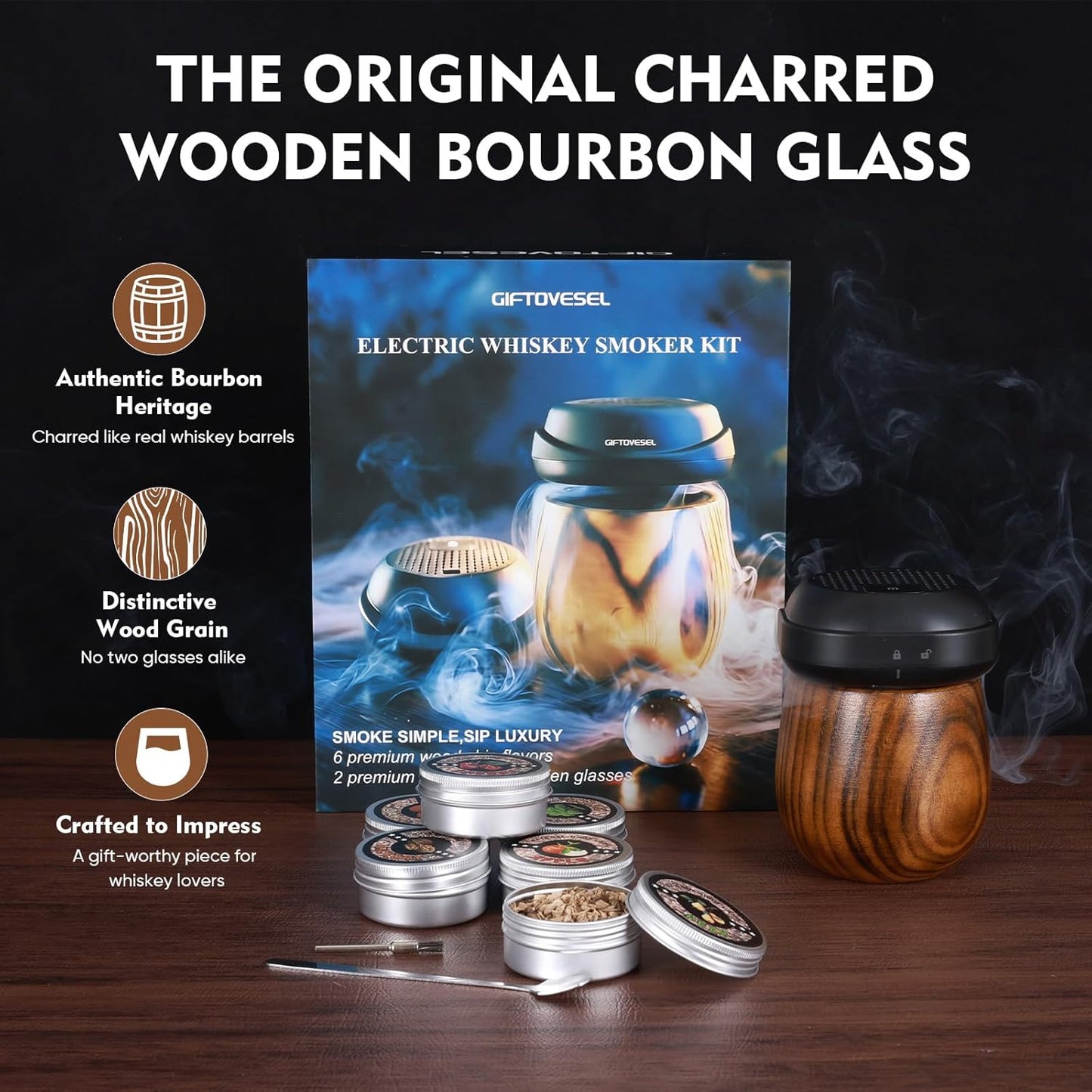 Electric Whiskey Smoker Kit with Unique Charred Wooden Glasses, Cocktail Bourbon Smoker with 6 Flavors Wood Chips, Instant Smoke Output – Ideal Gift for Cocktail & Whiskey Lovers