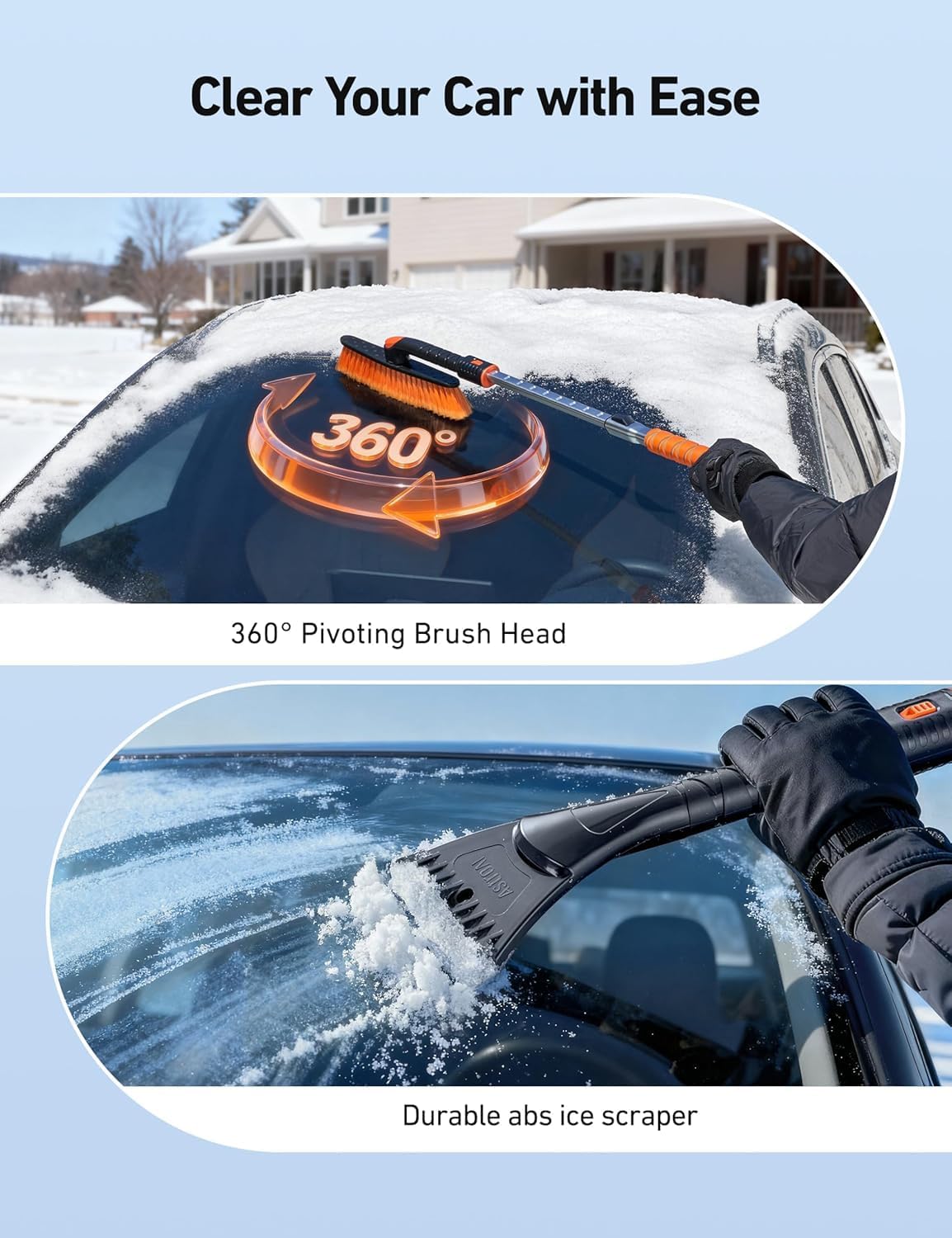 AstroAI 47.2" Extendable Snow Brush for Car Ice Scraper Windshield and Foam Grip with 360° Pivoting Brush Head for Car Auto Truck SUV (Orange)