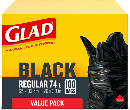 Glad Black Garbage Bags - Regular 74 Litres - Value Pack 100 Trash Bags, Made in Canada of Global Components