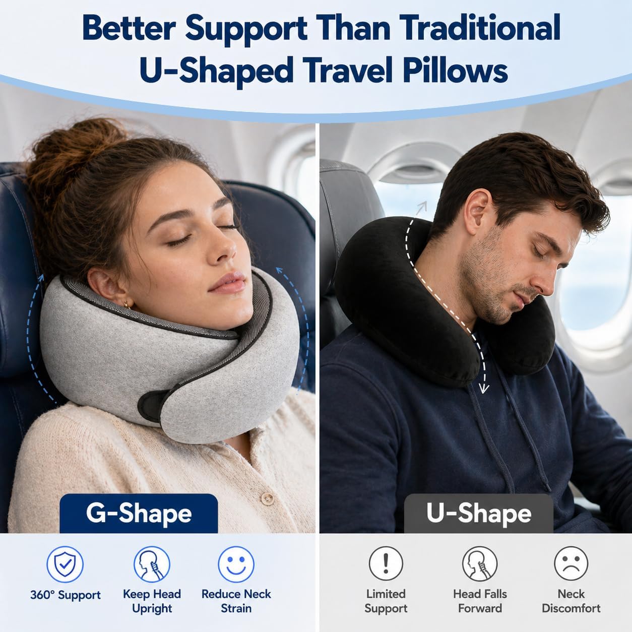 Purroch Neck Pillow Airplane, Travel Pillow with Eye Mask & Earplugs, Memory Foam Pillow with Adjustable Velcro Strap, Pillows for Travel, Plane, Car, Home, Work, Light Grey
