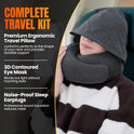 Hooded Pro Travel Pillow - Memory Foam Neck Support Pillow with Hood for Airplane, Flight - 100% Cotton Fabric, Maximum Privacy & Light-Block Design, Lightweight Full Travel Kit - Dark Grey