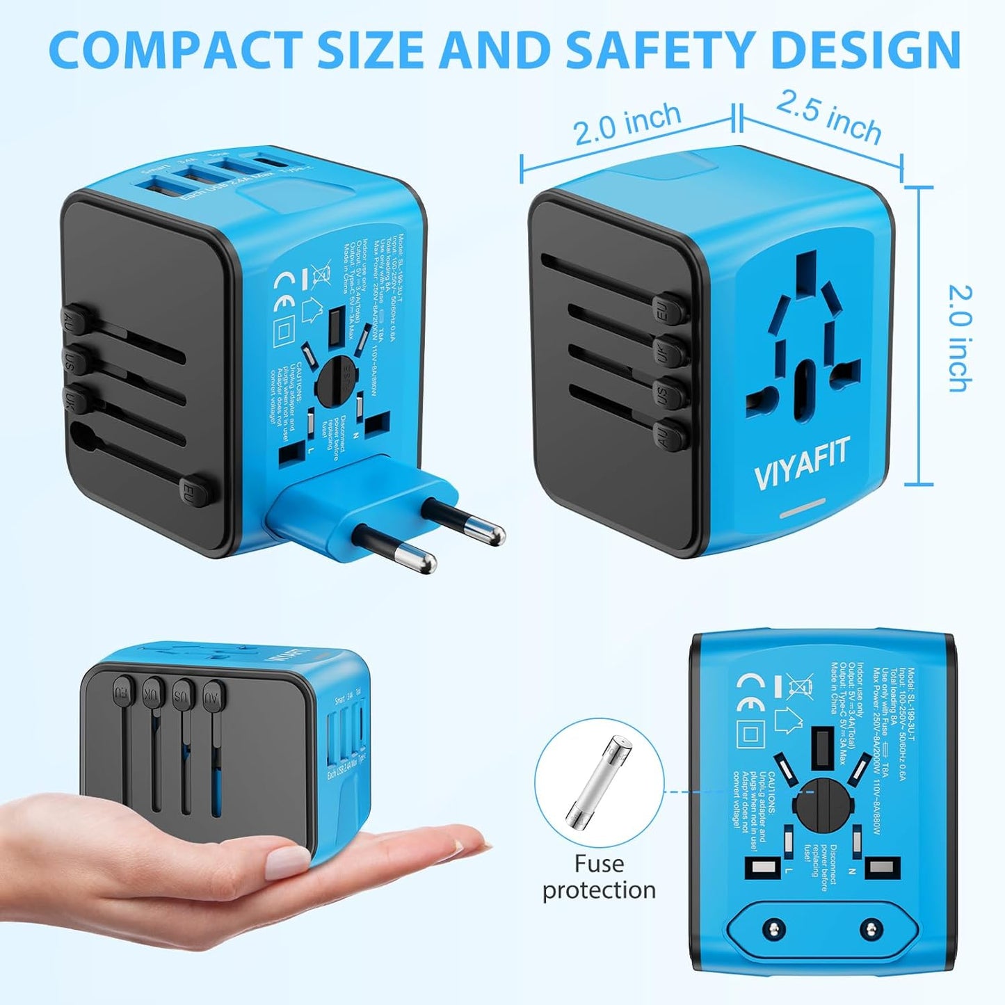 Universal International Travel Power Adapter, All in One Wall Charger with High Speed 2.4A 3xUSB, 3.0A Type-C, European Adapter, Worldwide AC Outlet Plugs for UK, EU, AU & Asia (Blue)