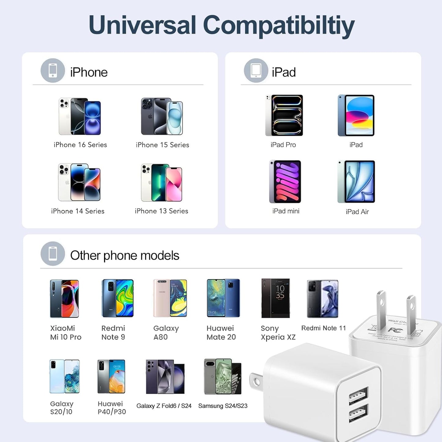 USB Charger Block, 2 Pack Dual Port USB Wall Plug 2.1A Power Adapter Charging Block for Phone 14 13 12 11 Pro Max SE XS XR X 8 7 6 Plus, Pad, Galaxy, Tablet, Android Phone