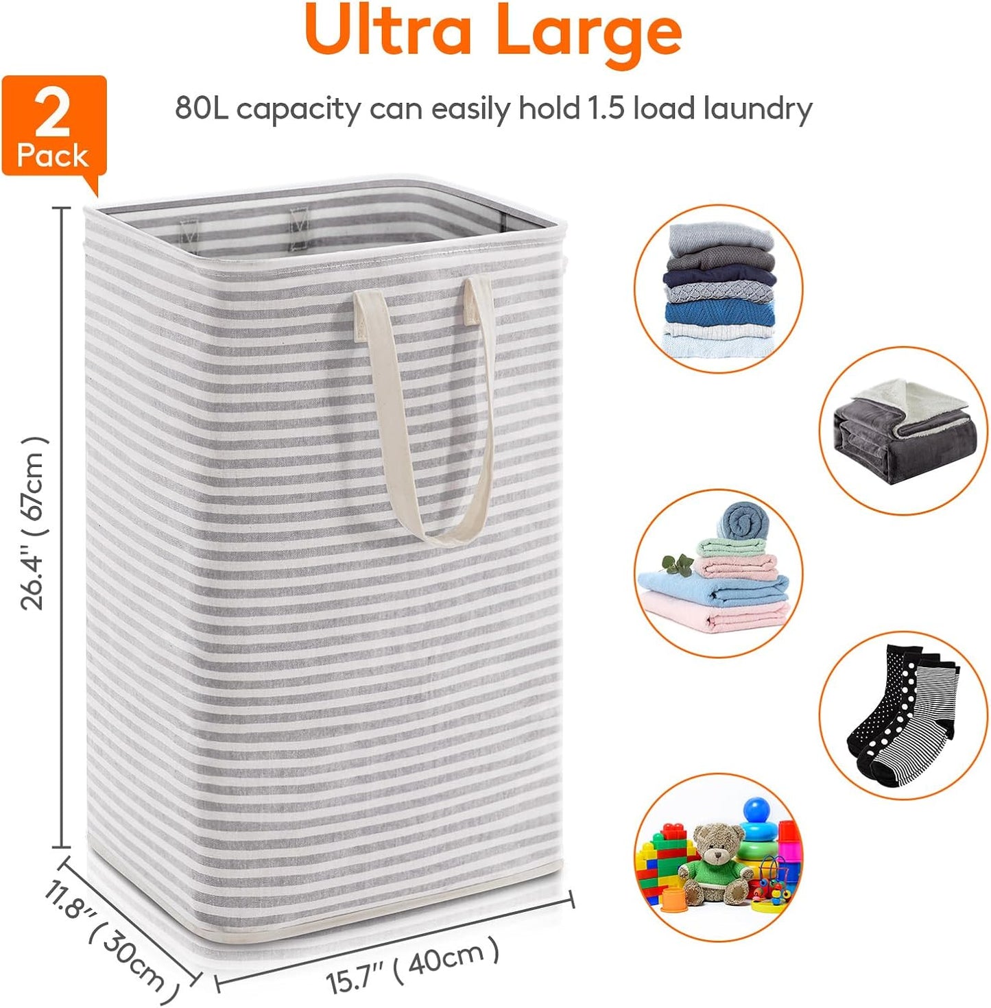 Lifewit 2-Pack 80L Freestanding Laundry Hamper, Large Collapsible Laundry Baskets with Easy Carry Extended Handles, Waterproof Clothes Hamper in Bedroom, Bathroom, Laundry Room, College Dorm, Grey