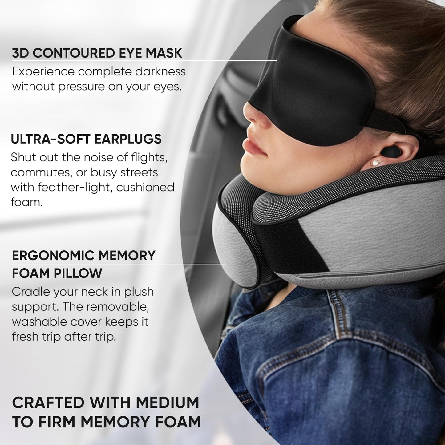 Proglobe Orthopedic Neck Pillow Travel Neck Pillows for Airplanes, Memory Foam Kit, Updated Resting Material, Airplane Travel Set with 3D Contoured Eye Masks, Earplugs, and Luxury Mesh Bag (Grey)