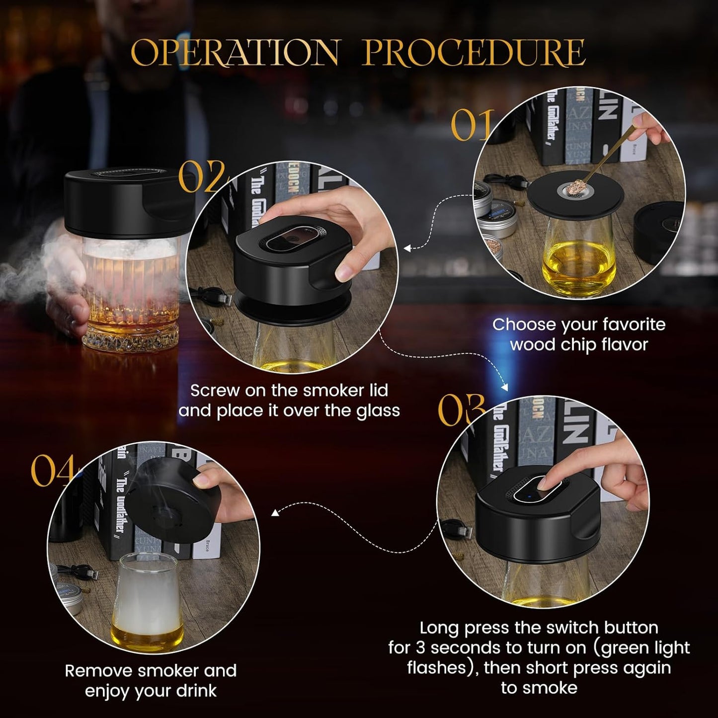 Electric Whiskey Cocktail Smoker Kit, Bourbon Drink Smoking Set with 6 Flavors Wood Chips, Built-in Lighter, Infuse Smoky Flavors in Old Fashioned Cocktails, Unique Whiskey Gifts for Men Dad Husband